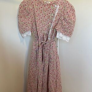Vintage Floral Pink Maxi Dress with Puff Sleeve // Size L